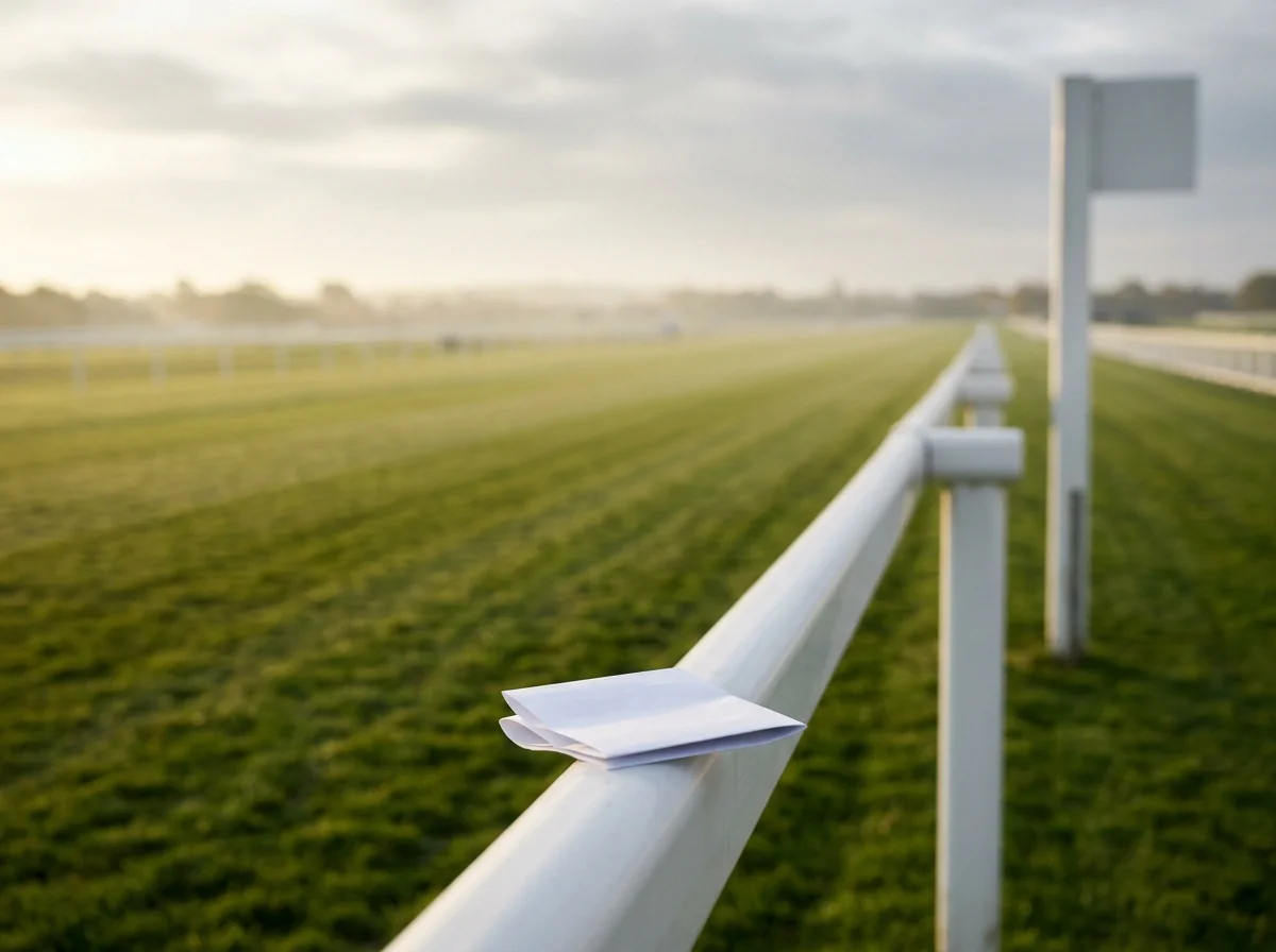 UK racecourse finish-line lane markings with combination forecast slip detail