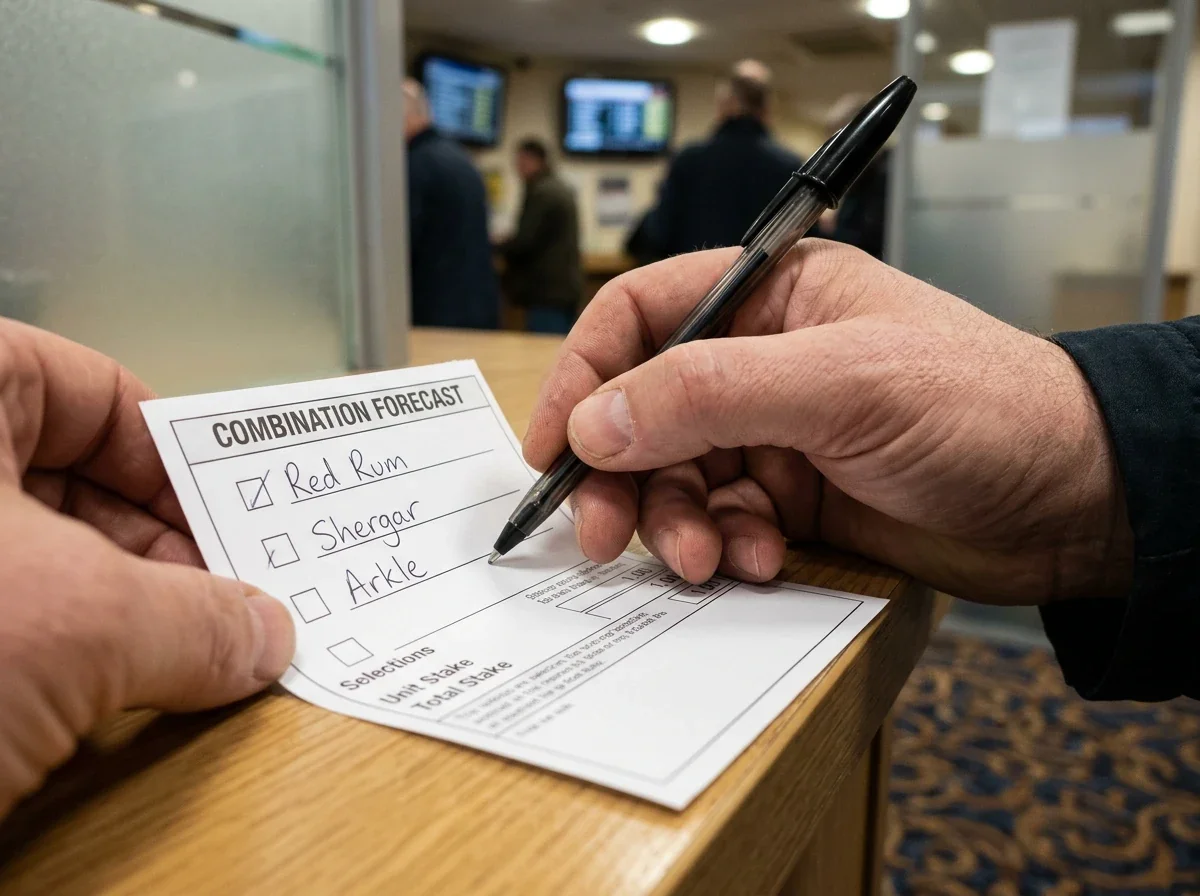 Hand filling out a UK combination forecast slip at a high-street bookmaker counter