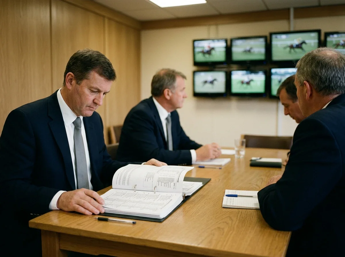 UK racecourse stewards' room — officials reviewing rulings that frame the regulatory environment for exotic bets